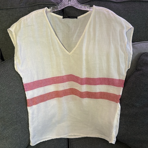 Zara Tops - Zara 100% Linen V-Neck Top White, Red Dual Stripe Lightweight Size M